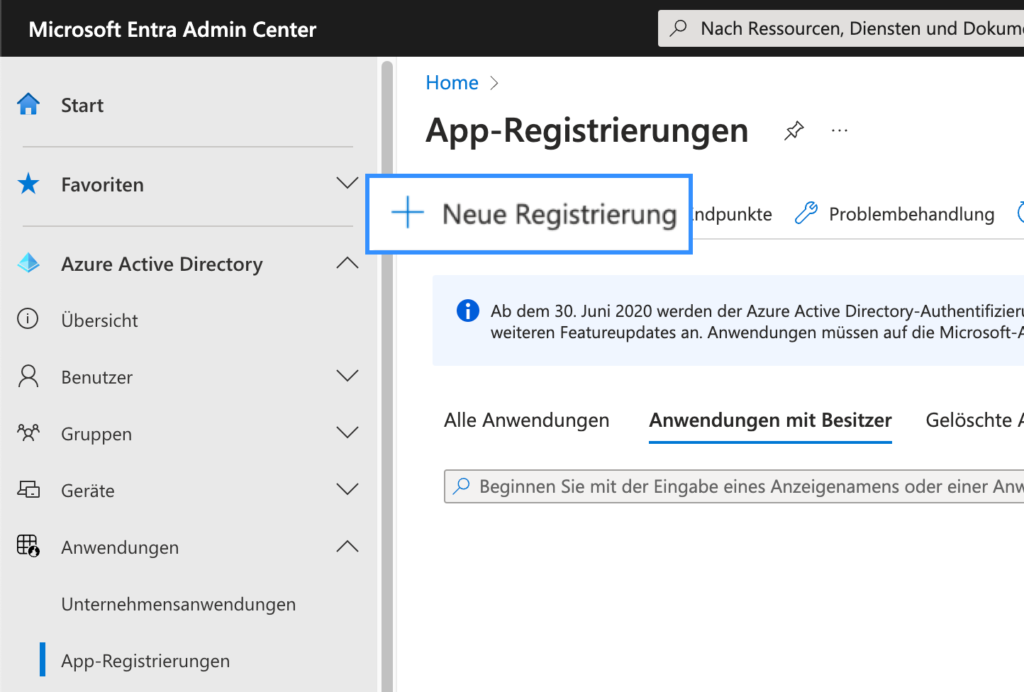 Screenshot App-Registrierung Übersichtsseite